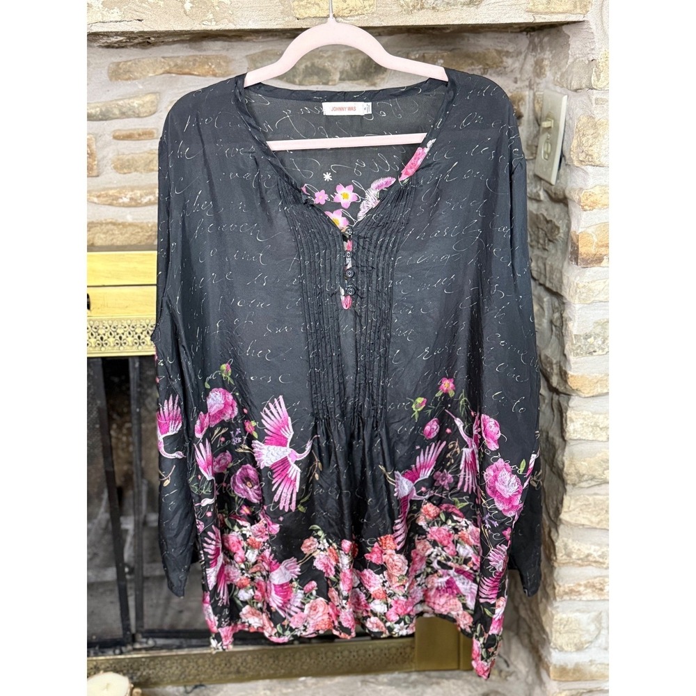Johnny Was Silk XL Black Floral Bird Bull Skull Embroidery Read Below